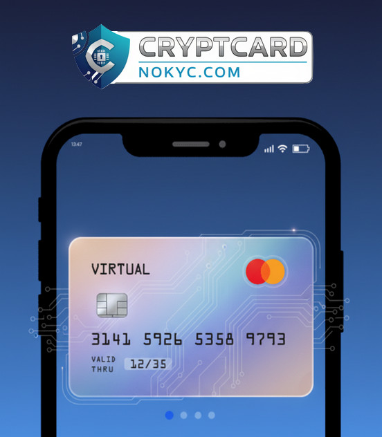 A no KYC virtual crypto card shown on a smartphone for anonymous online payments